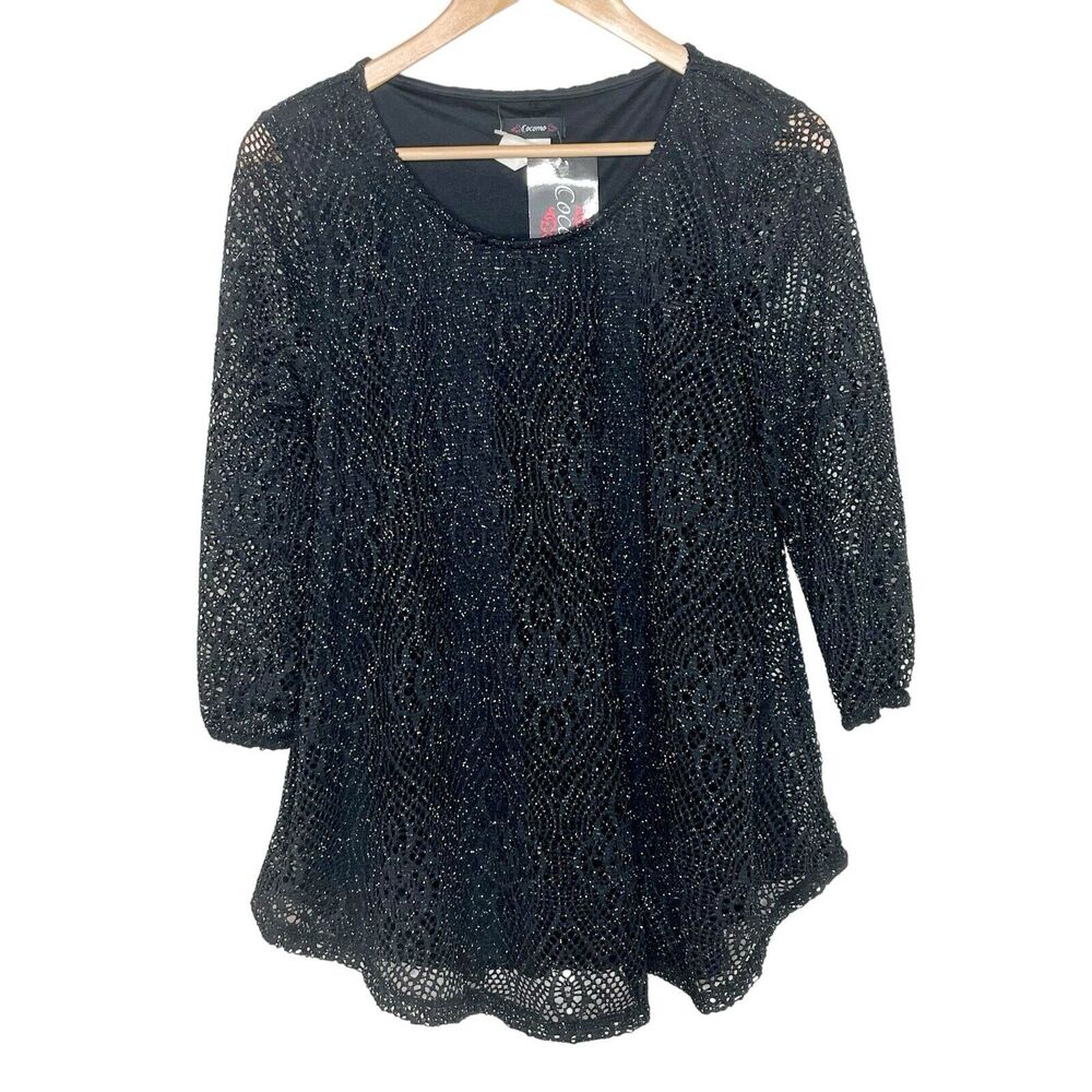 Cocomo Mesh Fishnet Metallic Top Black Womens Small Sheer Sparkly